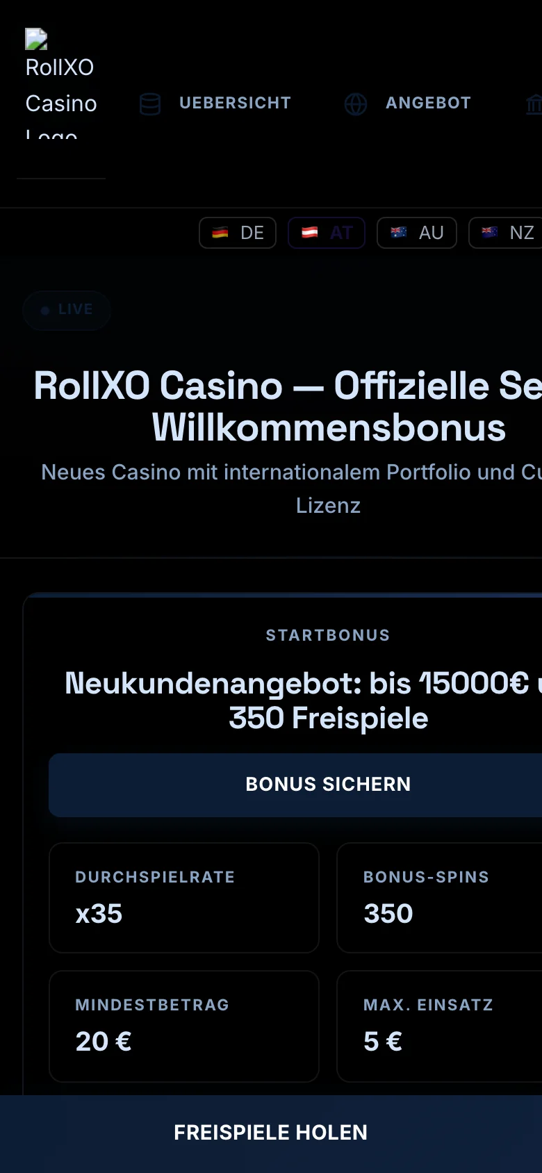 RollXO Casino mobile lobby screenshot
