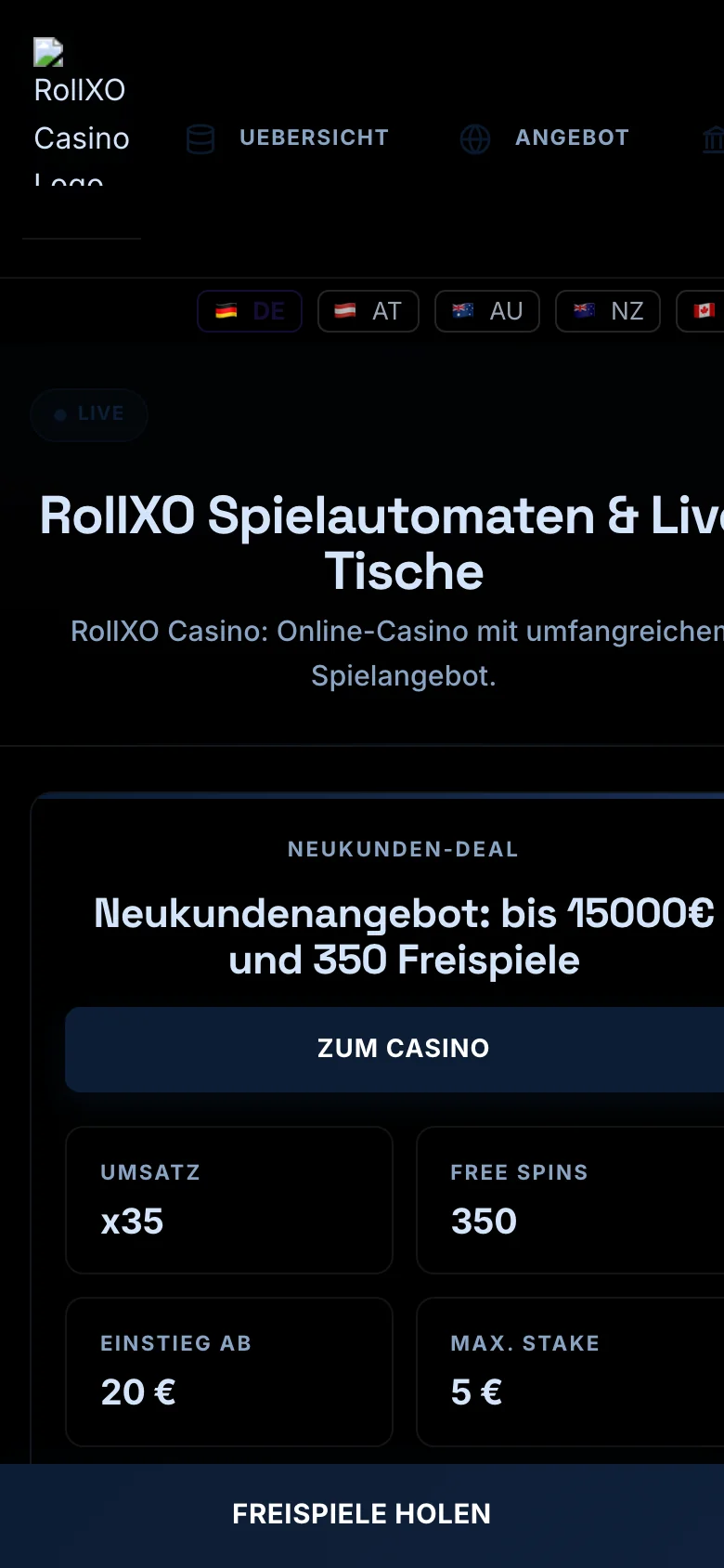RollXO Casino mobile lobby screenshot
