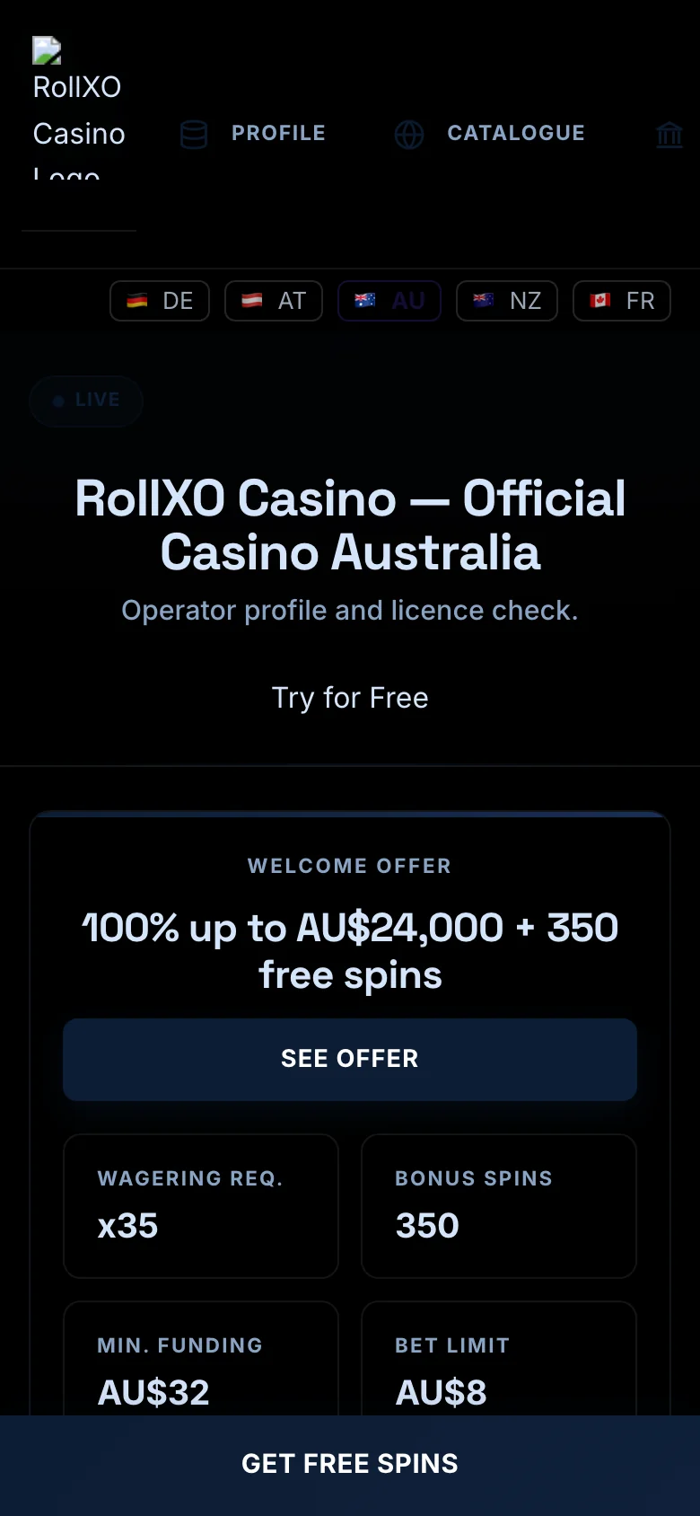 RollXO Casino mobile lobby screenshot