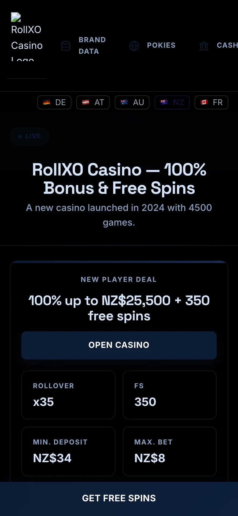 RollXO Casino mobile lobby screenshot