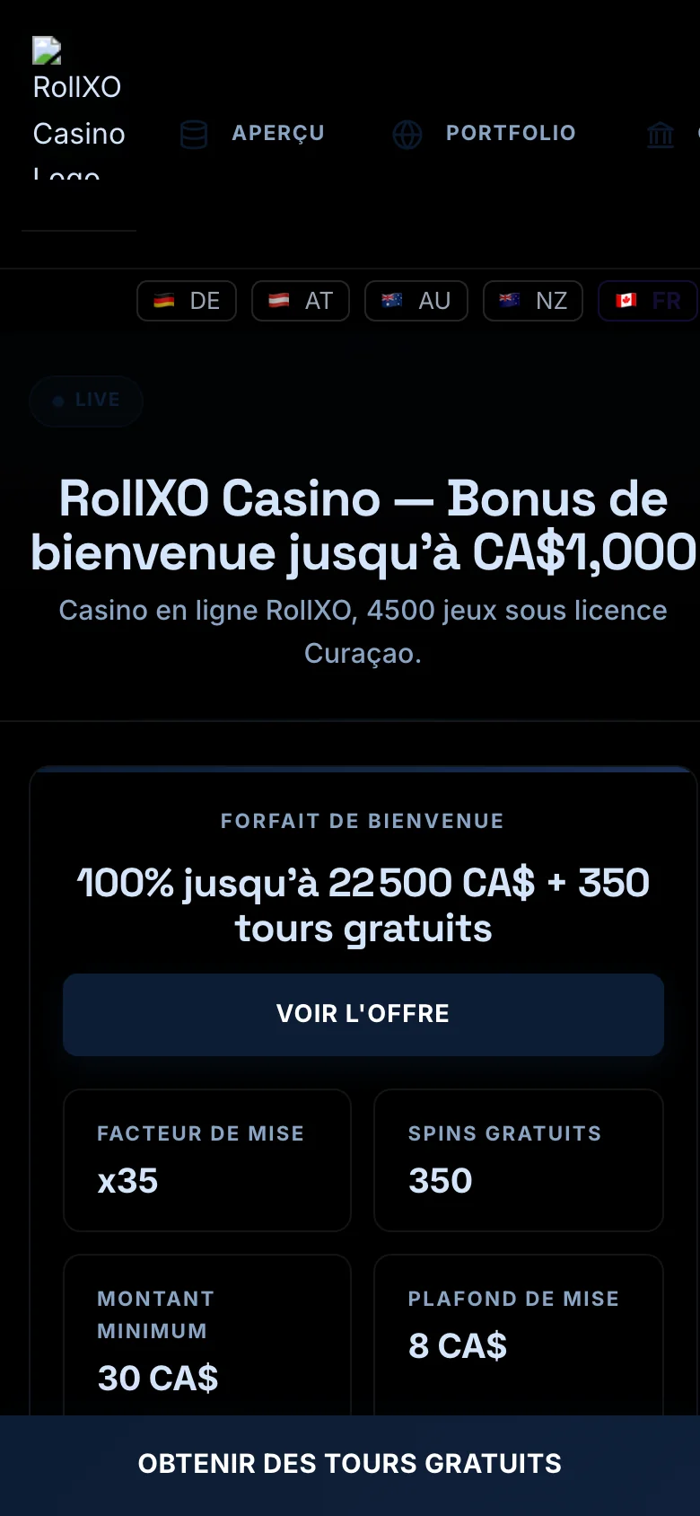 RollXO Casino mobile lobby screenshot